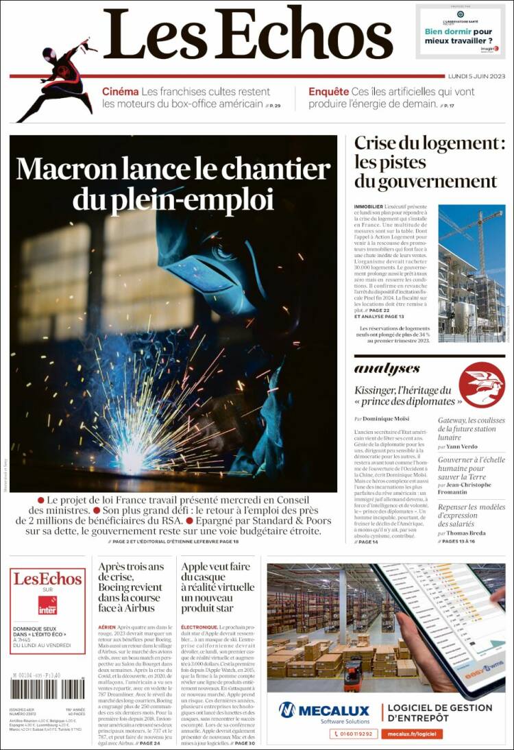 Portada de Les Echos (Francia)