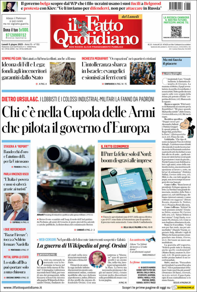 Portada de Il Fatto Quotidiano (Italia)
