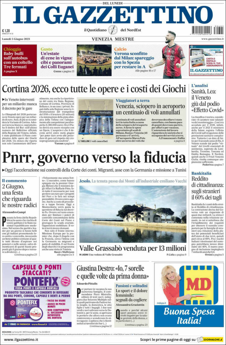 Portada de Il Gazzettino (Italia)