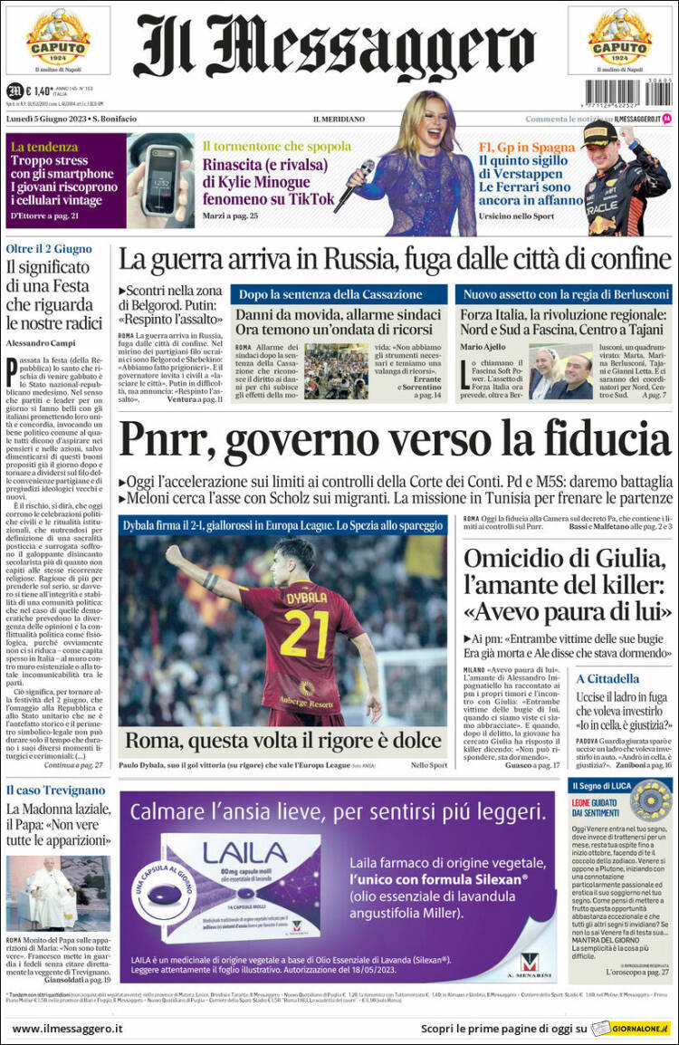 Portada de Il Messaggero (Italia)