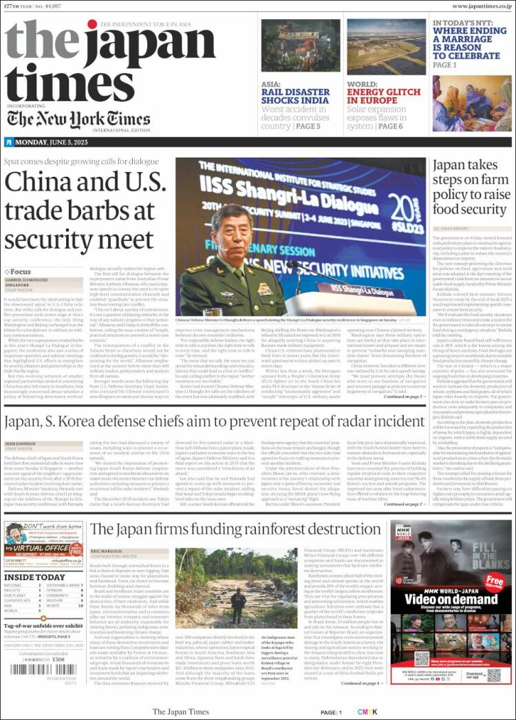 Portada de The Japan Times (Jap&oacute;n)