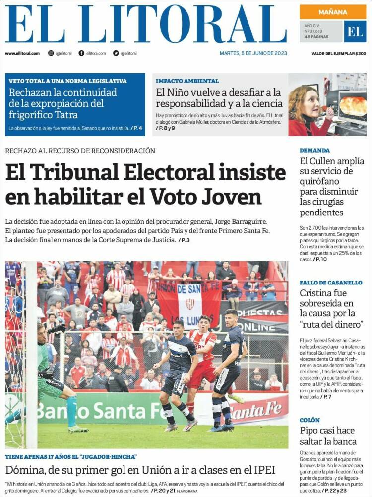 Portada de Diario El Litoral (Argentina)