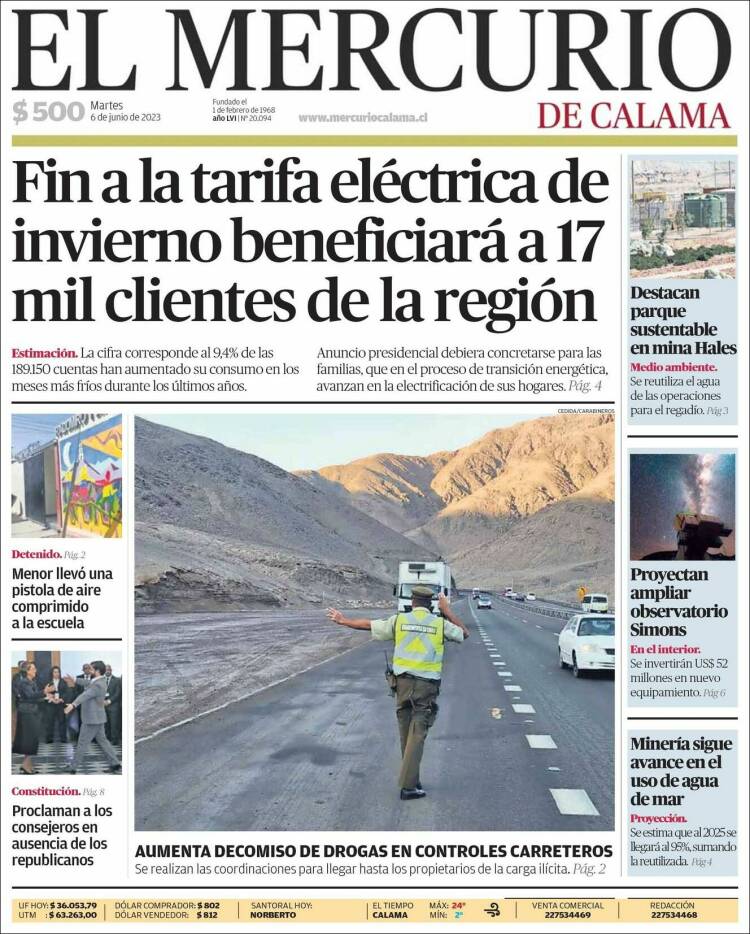 Portada de El Mercurio - Calama (Chile)