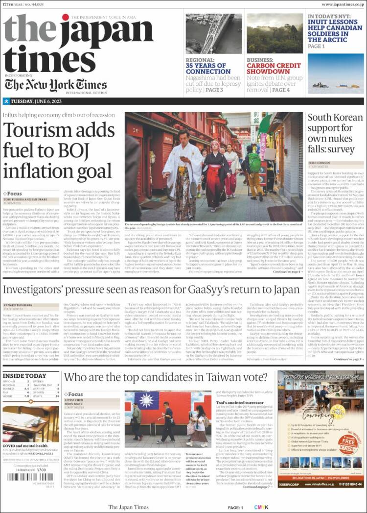 Portada de The Japan Times (Japan)