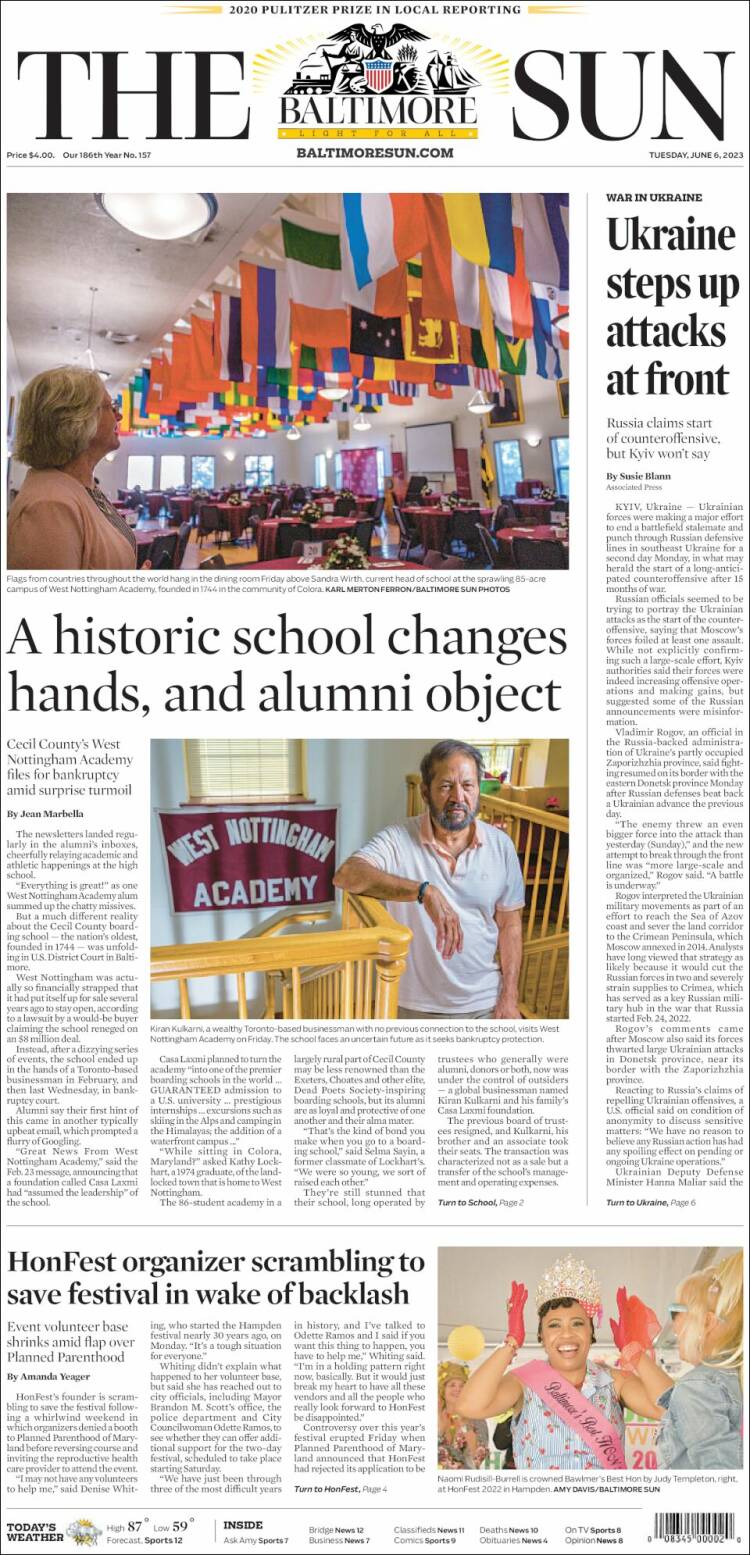 Portada de The Baltimore Sun (USA)