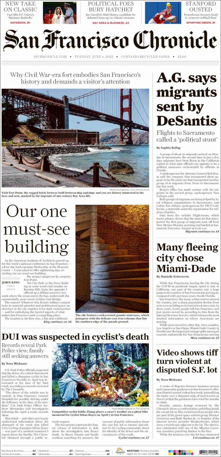Portada de San Francisco Chronicle (USA)