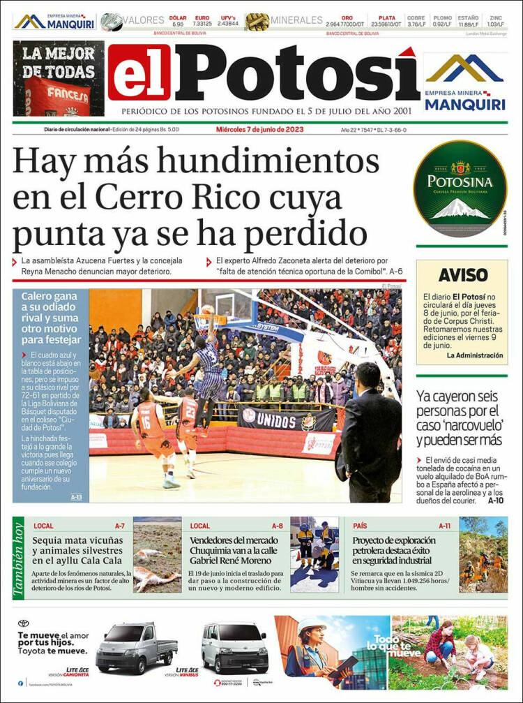 Portada de Diario de Potosí (Bolivia)