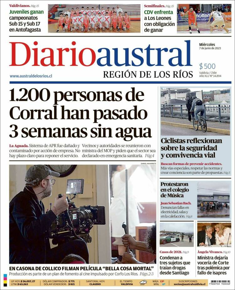 Portada de El Diario Austral de Valdivia (Chile)