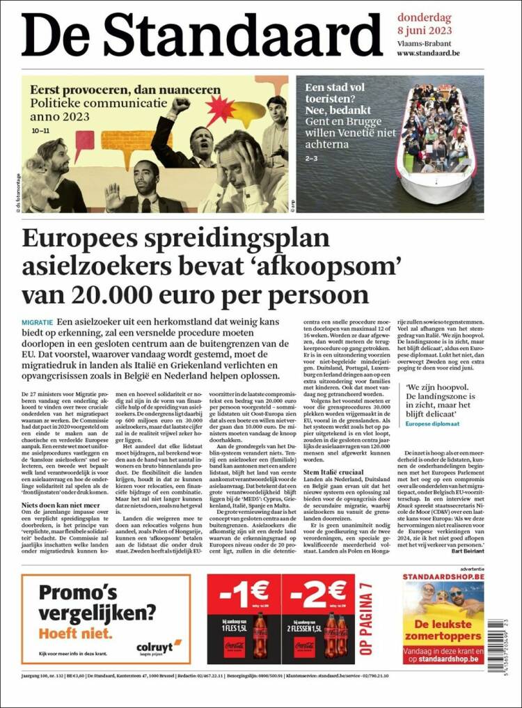 Portada de De Standaard (Bélgica)