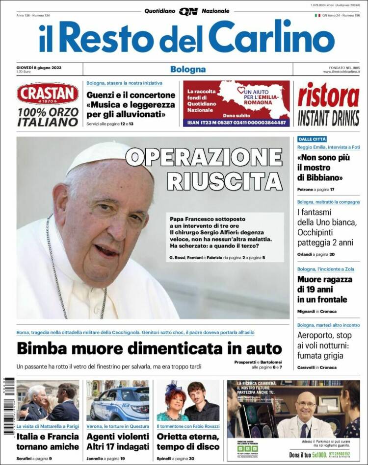 Portada de Il Resto del Carlino (Italia)