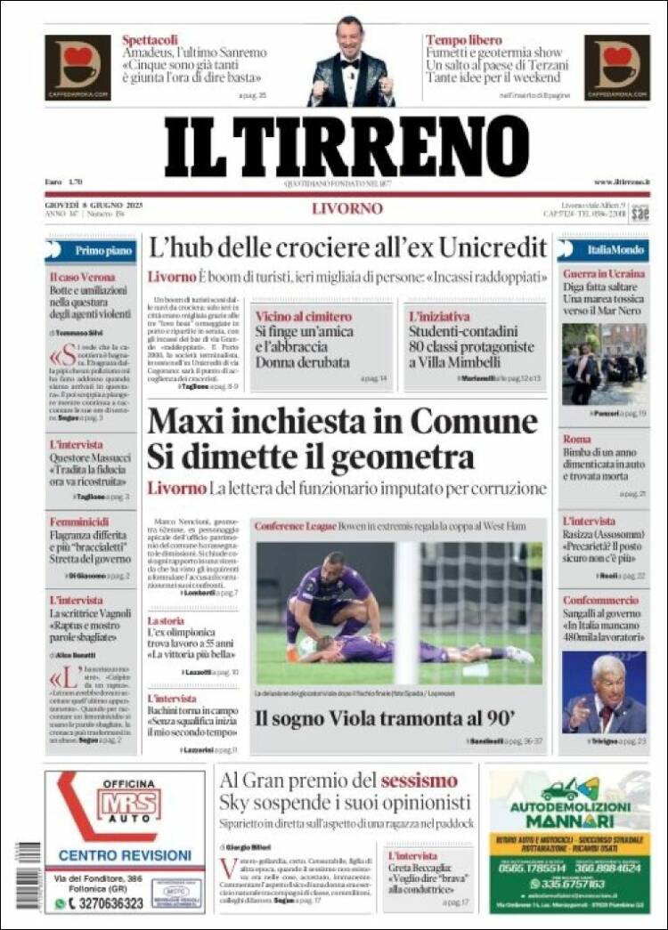 Portada de Il Tirreno (Italia)