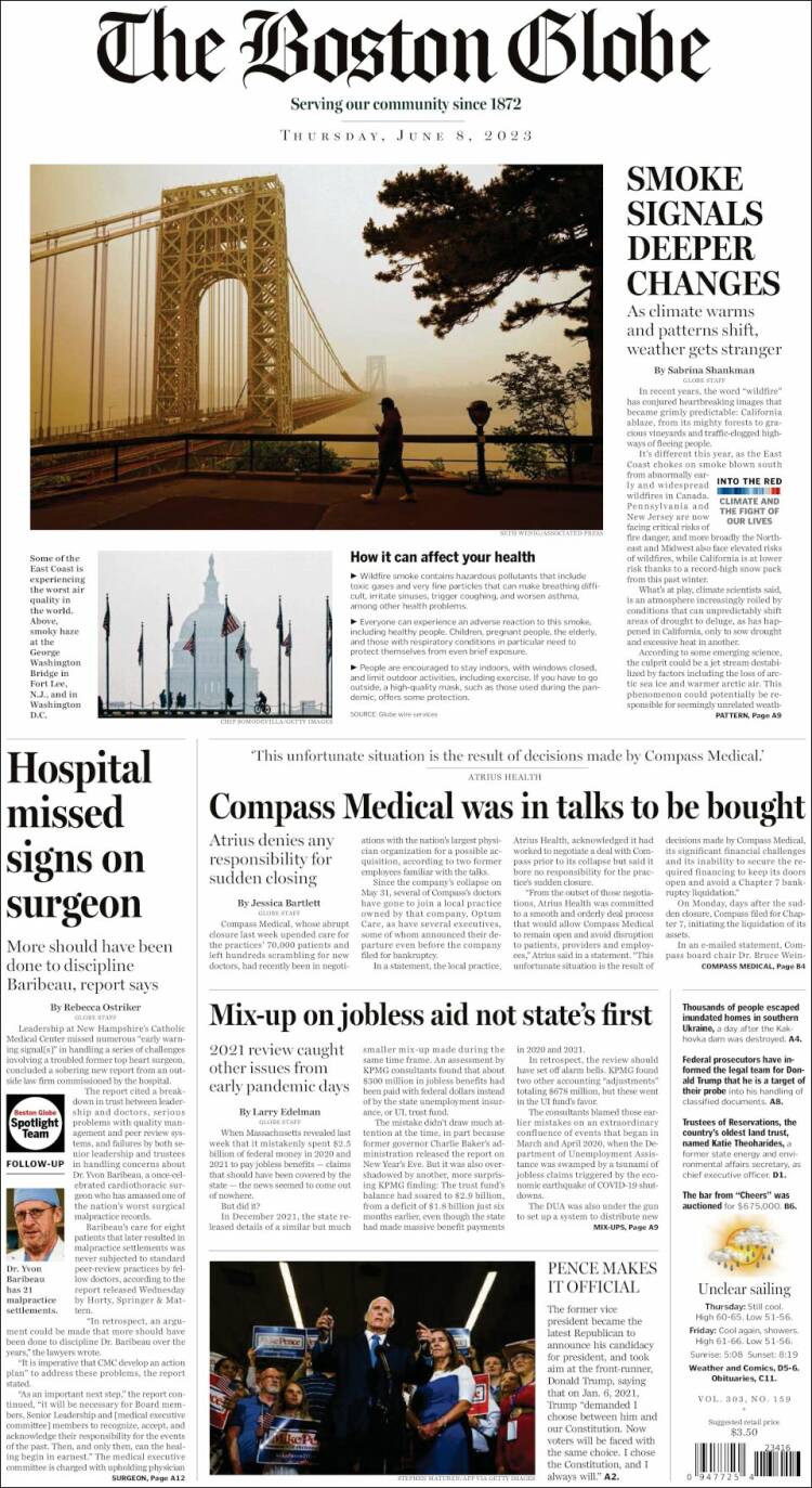 Portada de Boston Globe (USA)