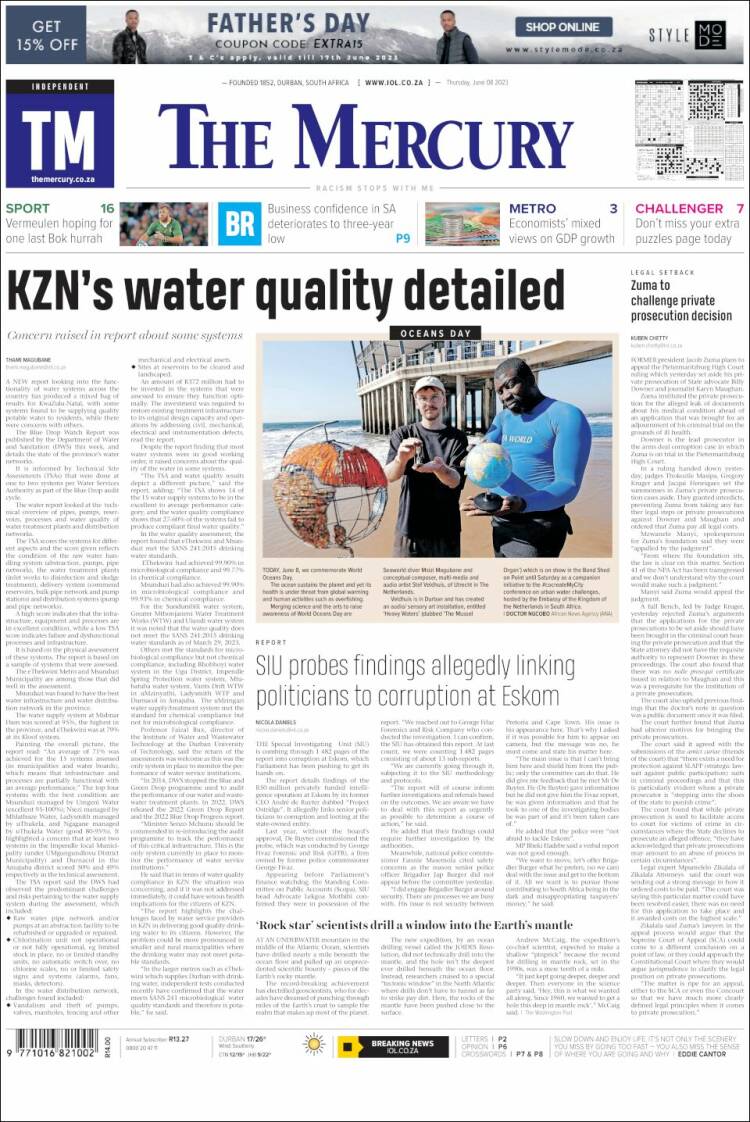 Portada de The Mercury (Sud&aacute;frica)