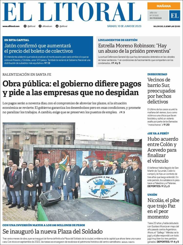 Portada de Diario El Litoral (Argentina)