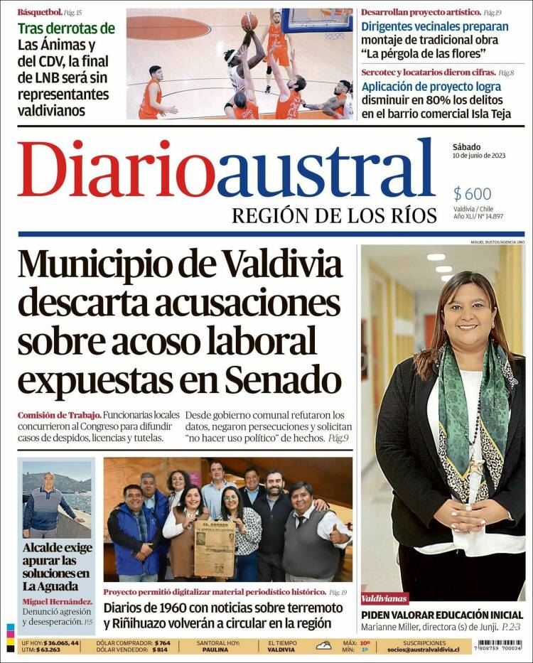Portada de El Diario Austral de Valdivia (Chile)