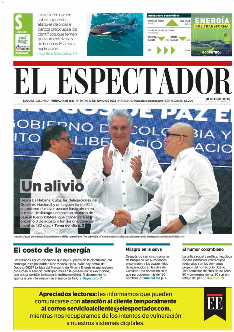 Portada de El Espectador (Colombia)