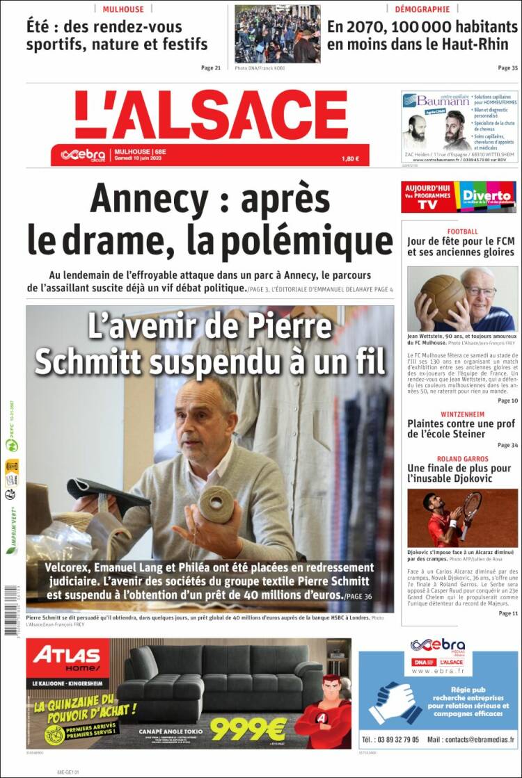 Portada de Journal L'Alsace (Francia)