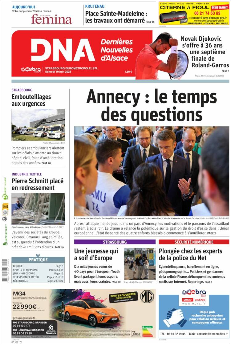 Portada de Les Dernières Nouvelles d'Alsace (Francia)