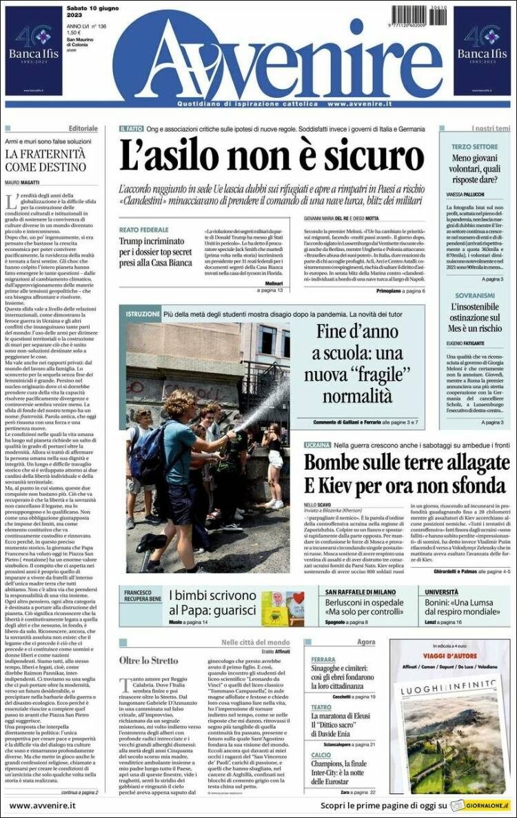 Portada de Avvenire (Italia)