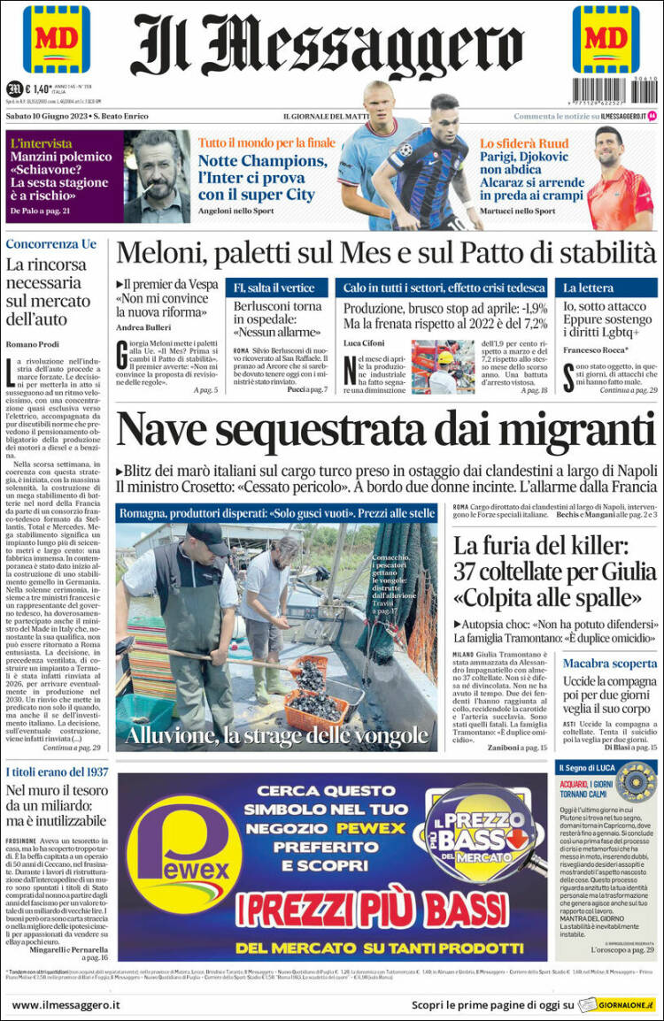 Portada de Il Messaggero (Italia)