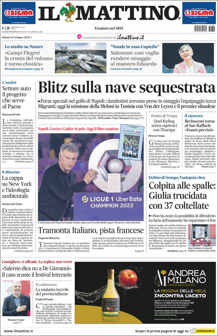 Portada de Il Mattino (Italia)