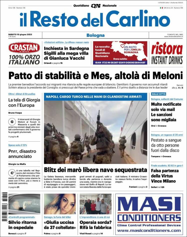 Portada de Il Resto del Carlino (Italia)