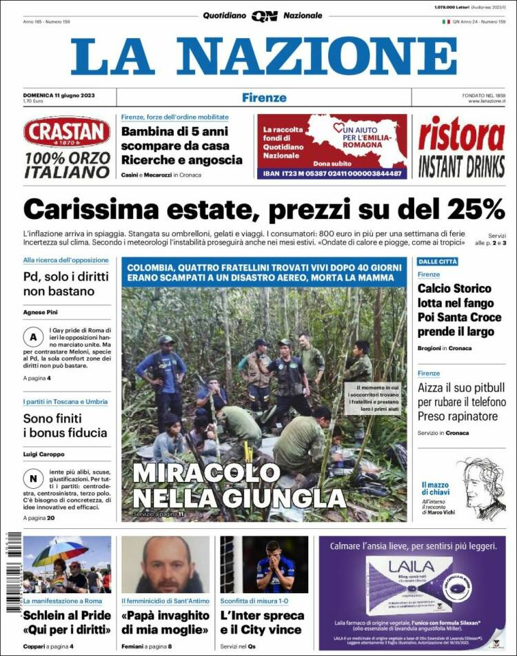 Portada de La Nazione (Italia)