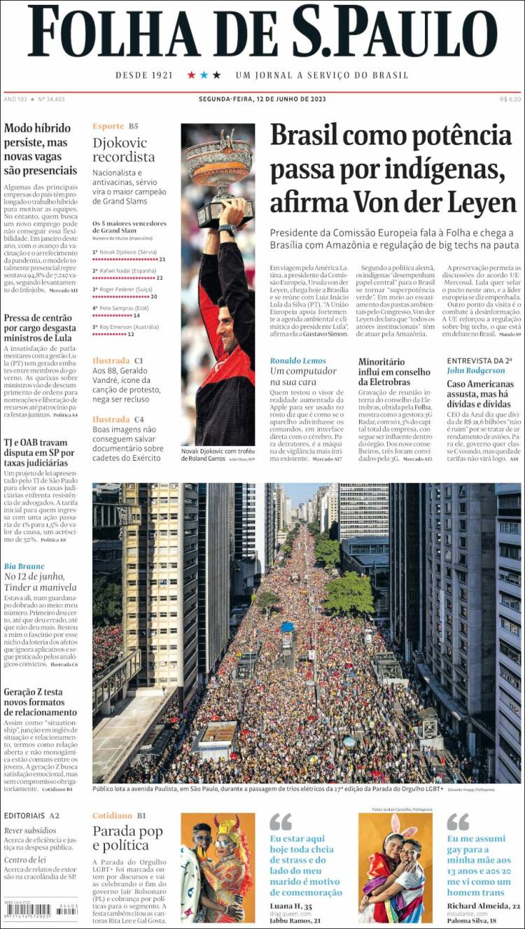 Portada de Folha de São Paulo (Brasil)