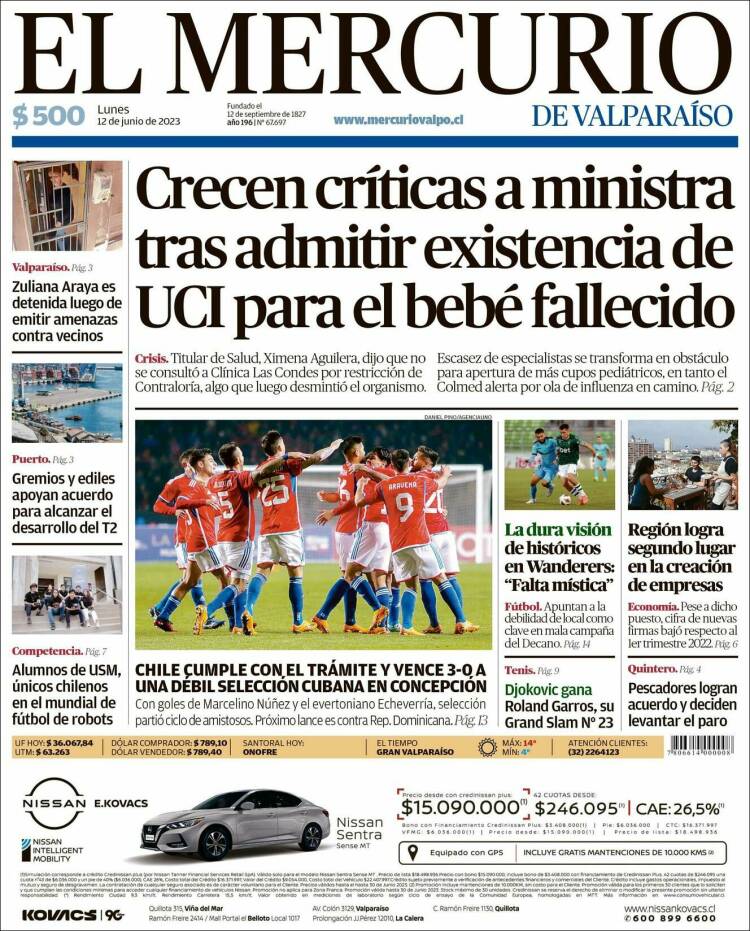 Portada de Mercurio de Valparaiso (Chile)