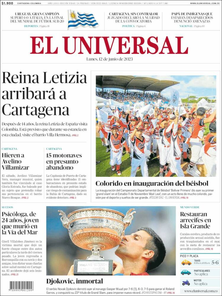 Portada de El Universal (Colombia)