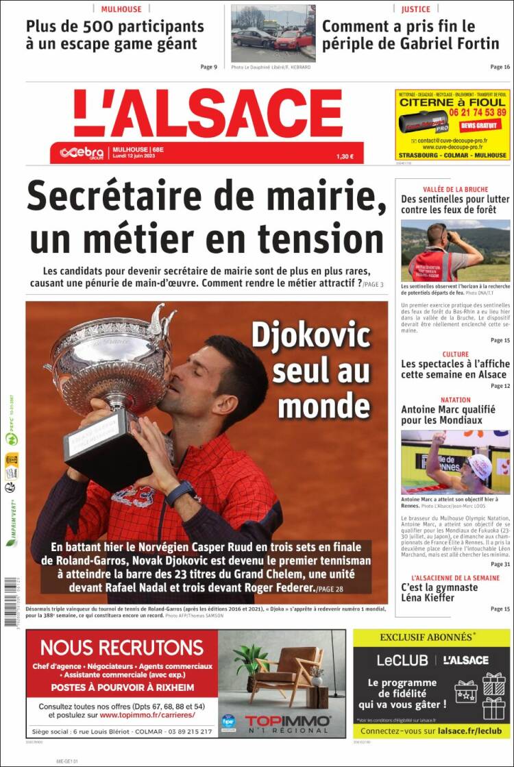 Portada de Journal L'Alsace (Francia)