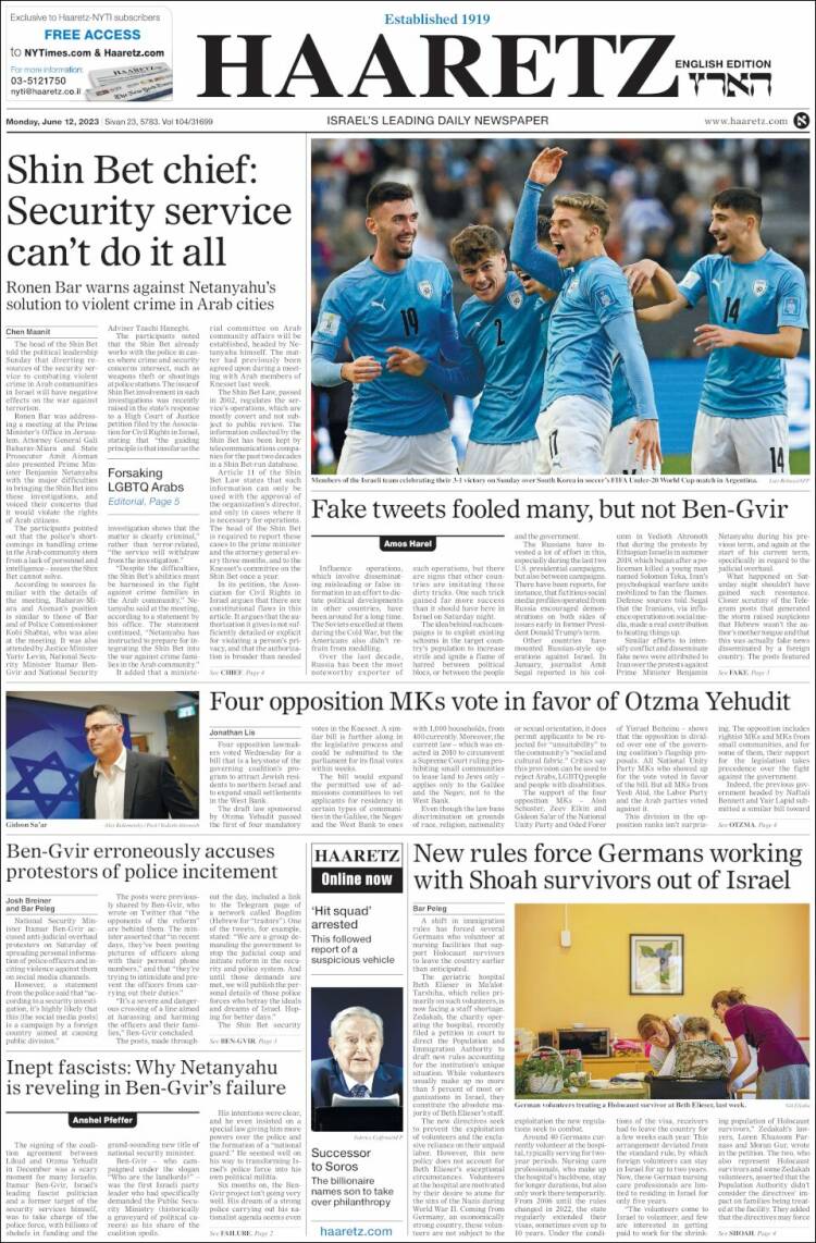 Portada de Haaretz (Israel)
