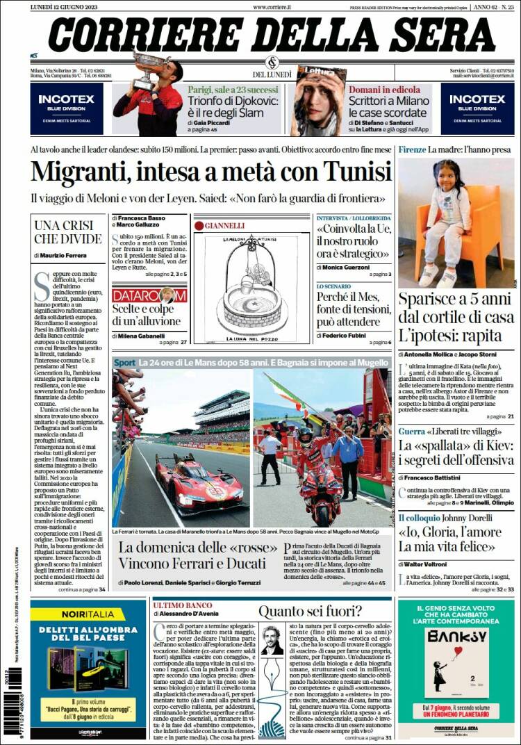 Portada de Corriere della Sera (Italia)