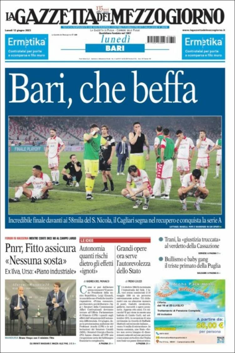 Portada de La Gazzetta del Mezzogiorno (Italia)