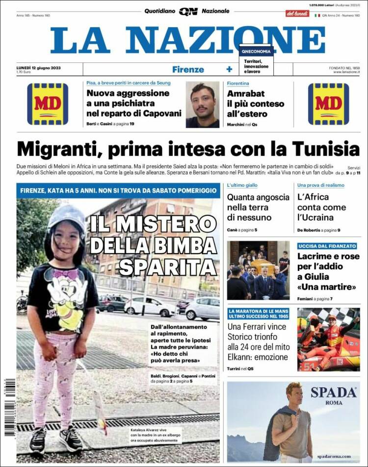 Portada de La Nazione (Italia)
