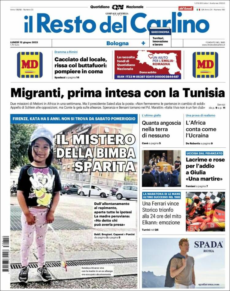 Portada de Il Resto del Carlino (Italia)