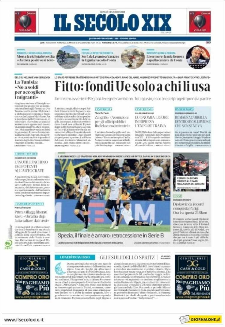 Portada de Il Secolo XIX (Italia)