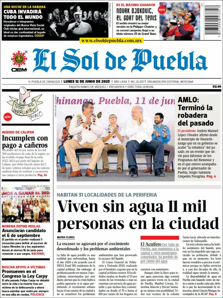 Portada de El Sol de Puebla (M&eacute;xico)