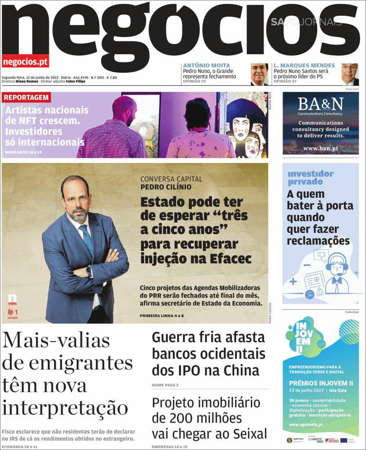 Portada de Jornal de Negócios (Portugal)