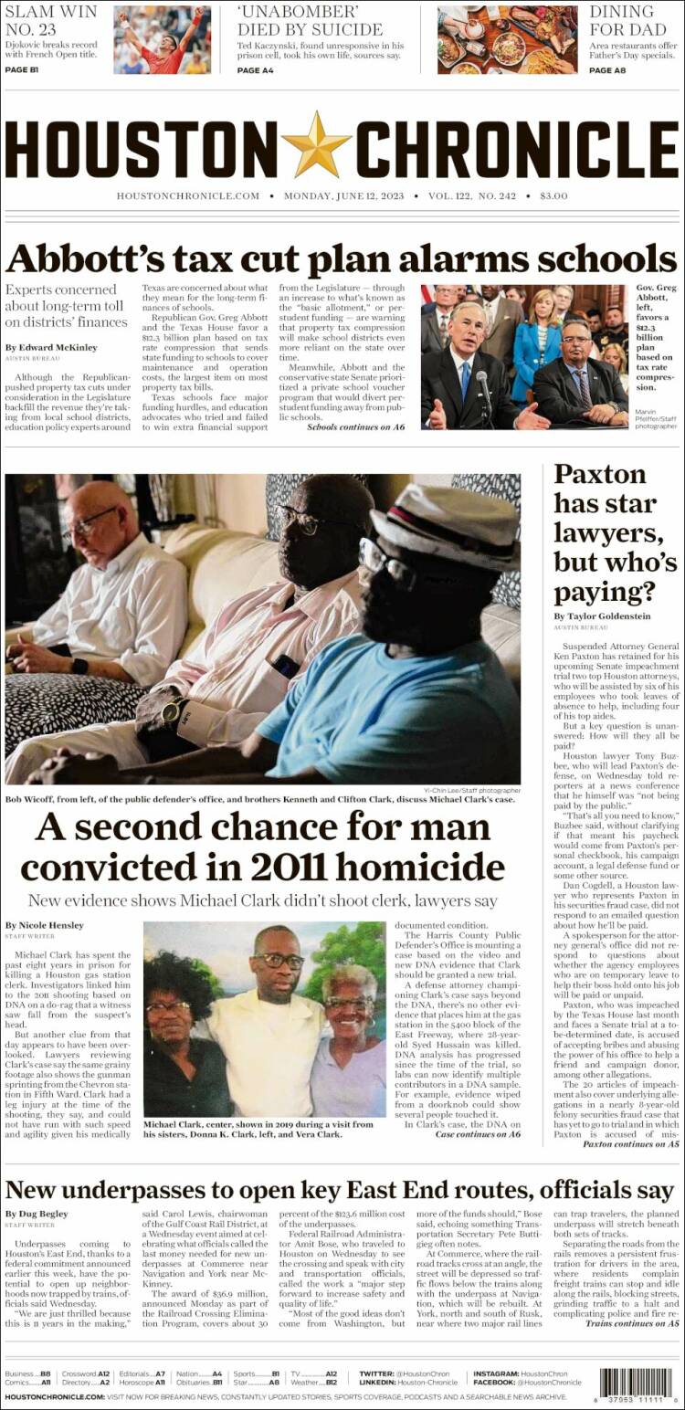 Portada de Houston Chronicle (USA)