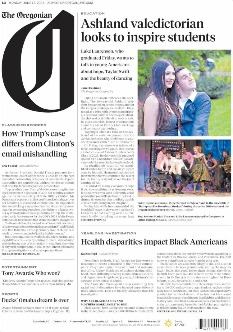 Portada de The Oregonian (USA)