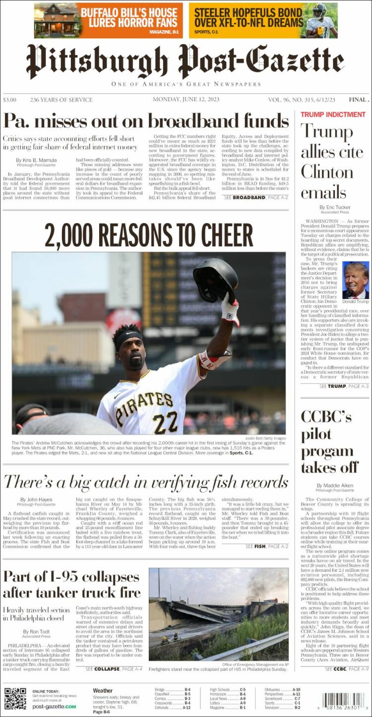 Portada de Pittsburgh Post-Gazette (USA)