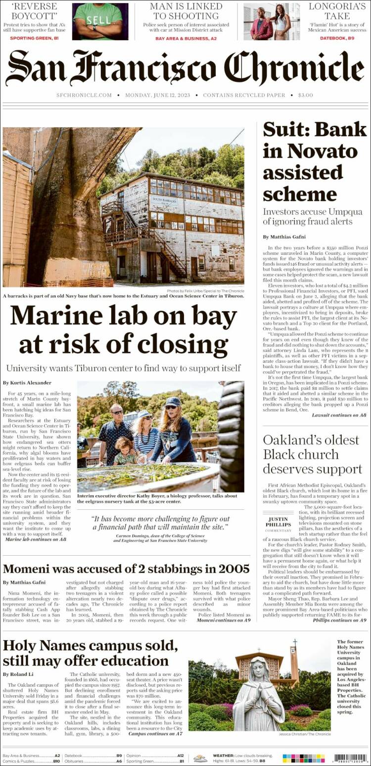 Portada de San Francisco Chronicle (USA)