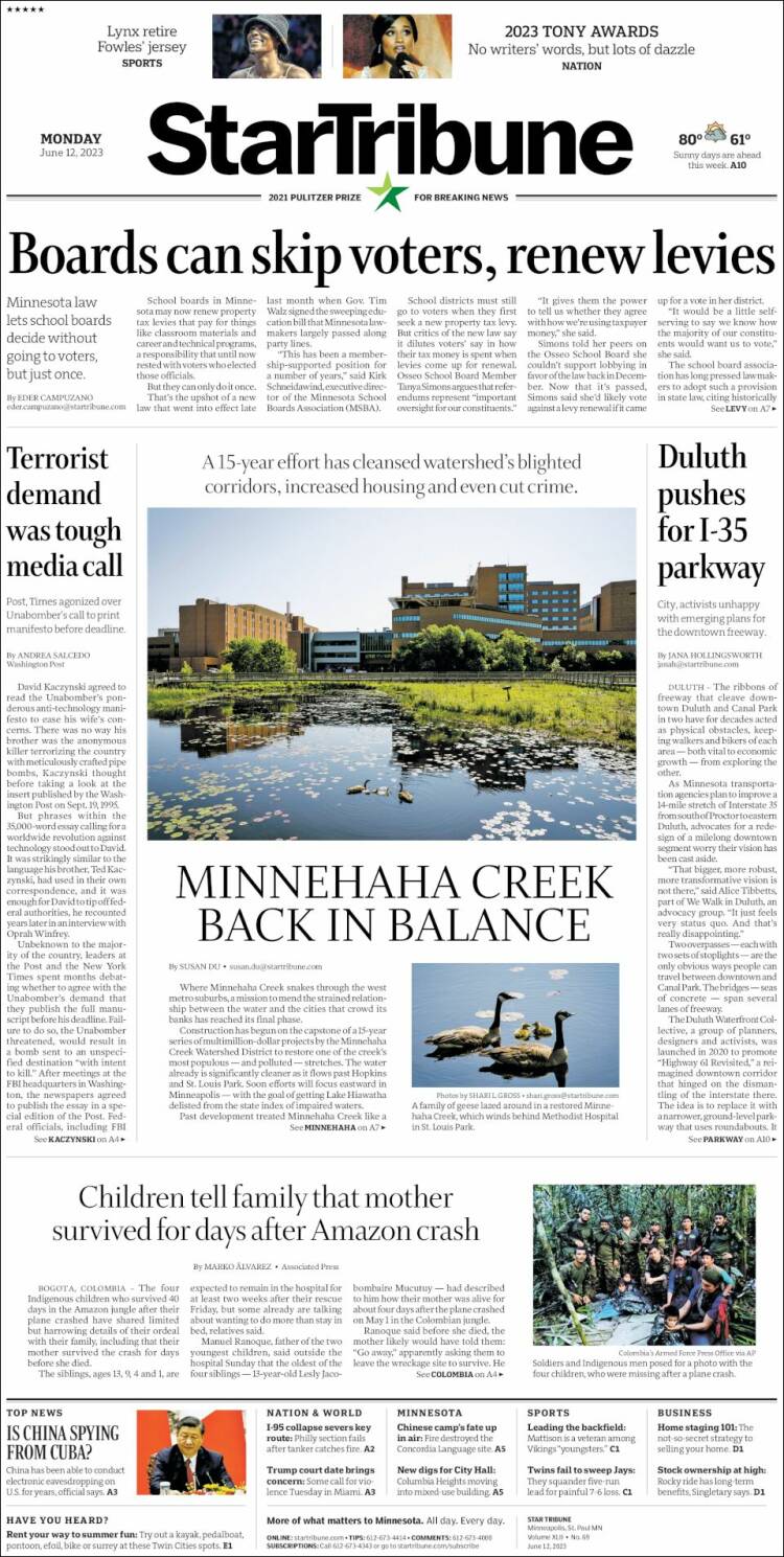 Portada de Star Tribune (USA)