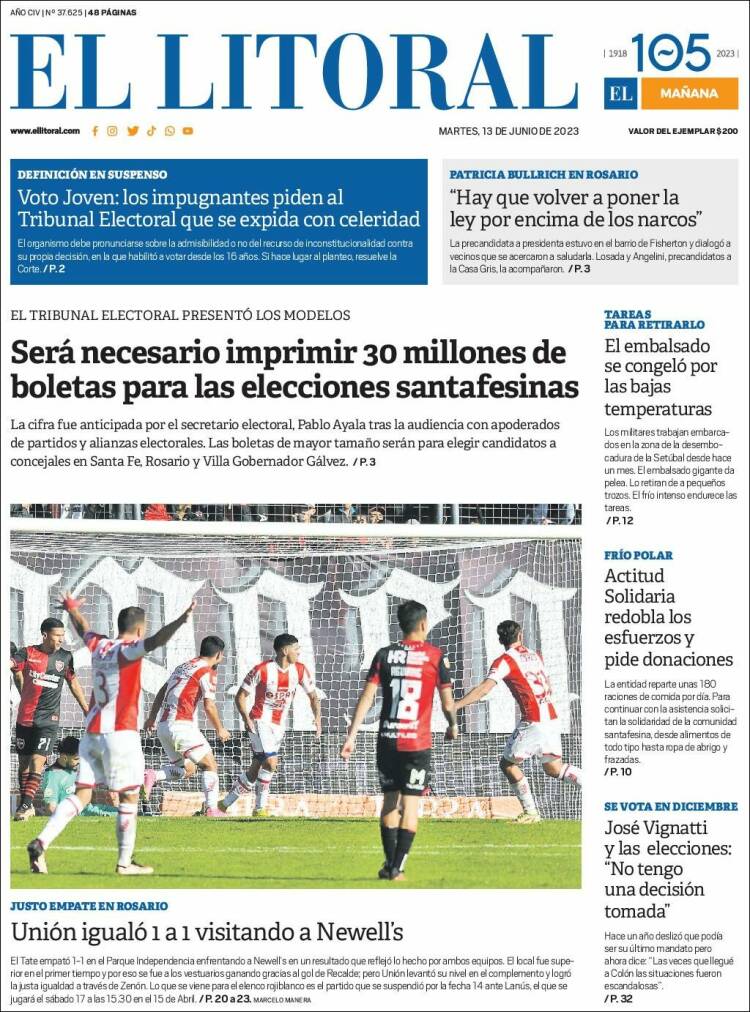 Portada de Diario El Litoral (Argentina)