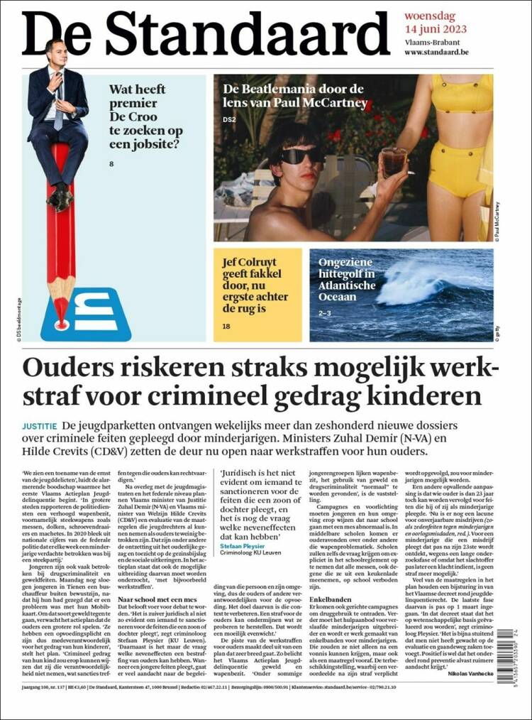 Portada de De Standaard (B&eacute;lgica)