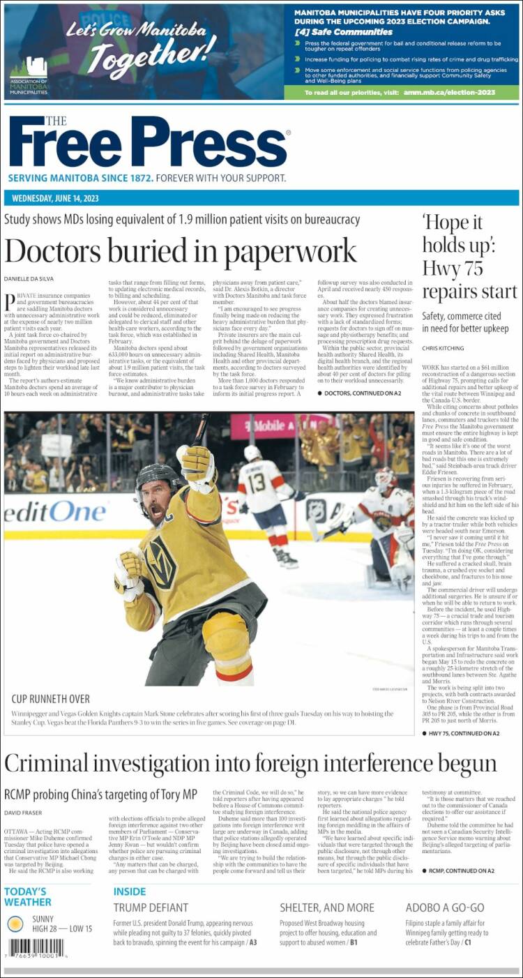 Portada de Winnipeg Free Press (Canada)