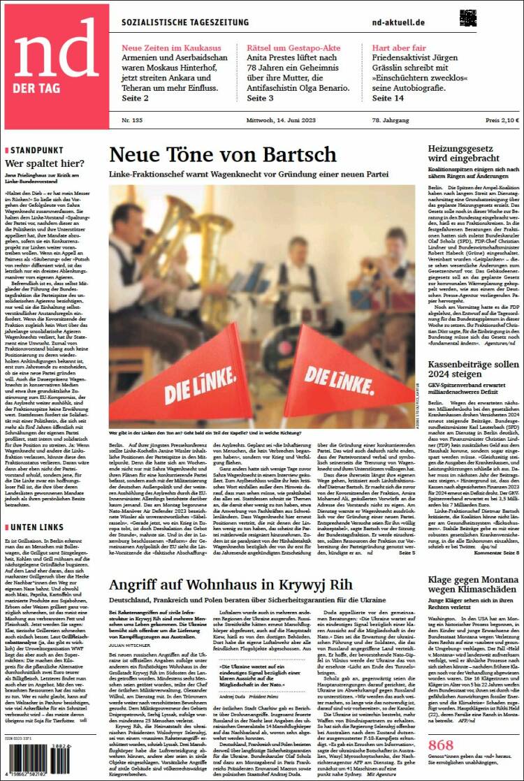 Portada de Neues Deutschland (Alemania)