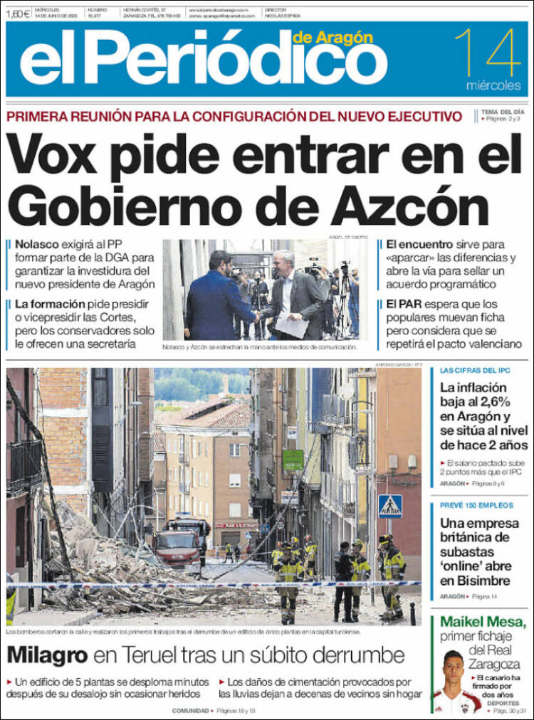 Portada de El Periódico de Aragón (España)