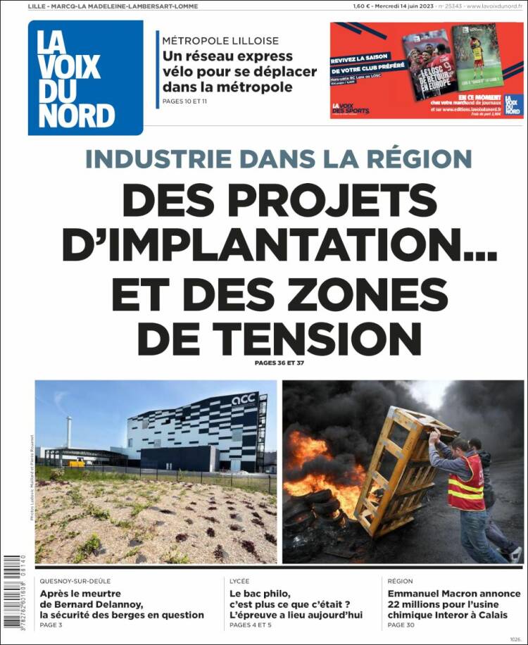 Portada de La Voix du Nord (Francia)